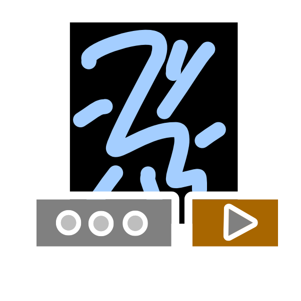 A black rectangle has blue scribbles inside it. Under the image are two more rectangles, these are short, the first is grey and long with 3 dots in it. The second is orange with a grey triangle in it. The image has white line art. 